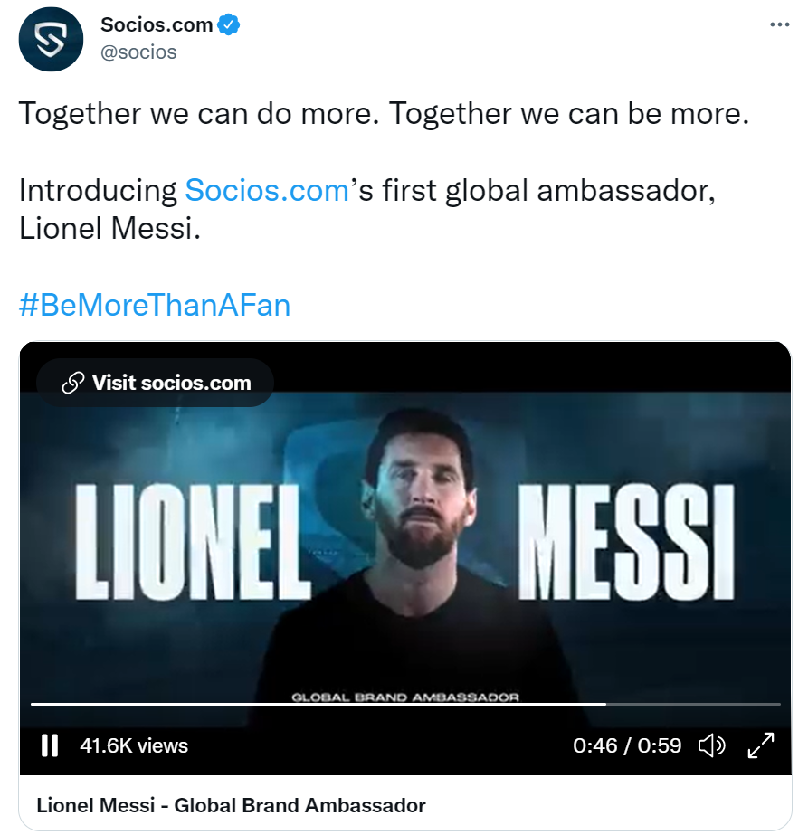 足球明星梅西成为 Socios.com 首位全球大使