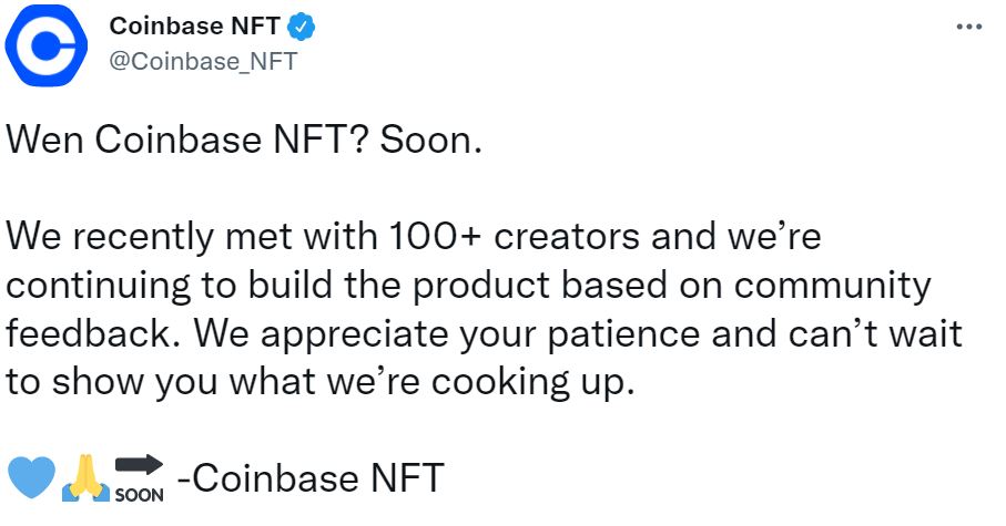 Coinbase NFT 市场公告的 Twitter 截图