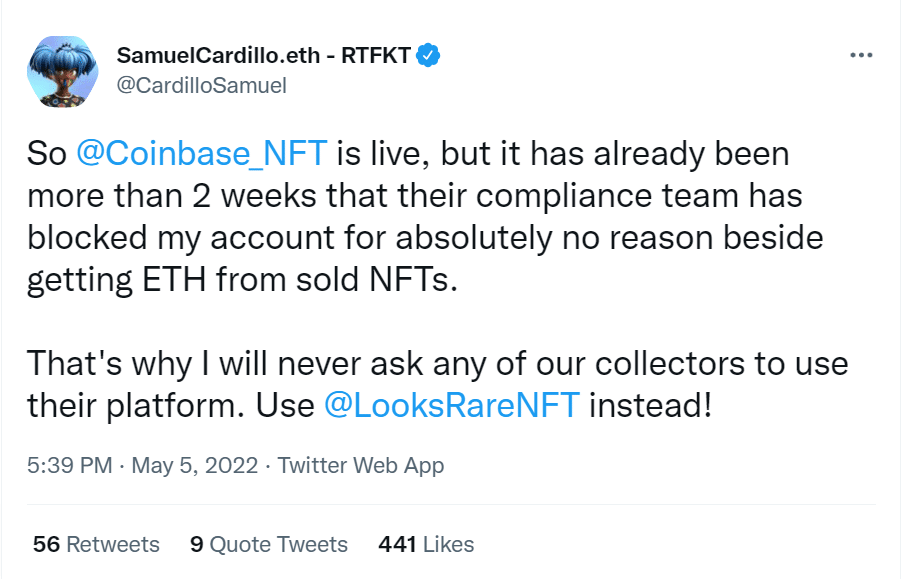 图为RTFKT Studios CTO的一条推文，讲述了他在Coinbase NFT Marketplace的经历