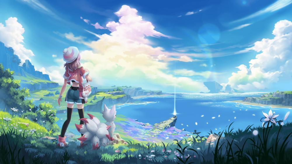 画了一个长着粉红色头发的女孩，带着Kitsumon Kitsu，望向远处被森林环绕的湖泊