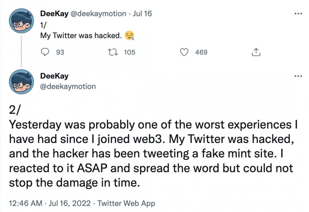 DeeKay 关于 Twitter hack 的推文