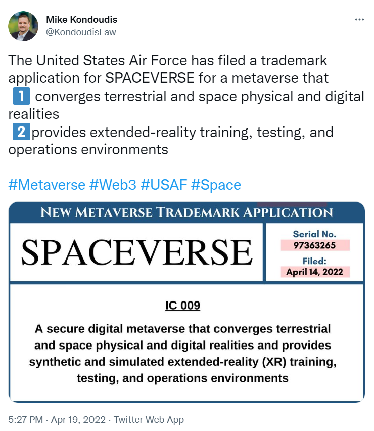 美国空军 SpaceVerse 商标申请