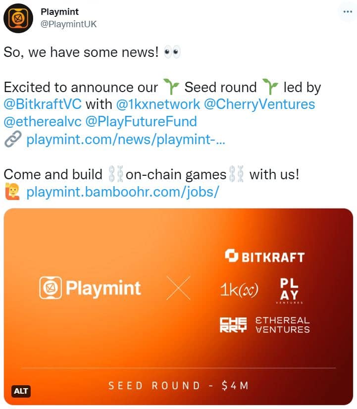 通过 Twitter 发布的 Playmint NFT 种子轮公告截图