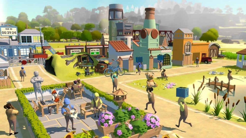 Gala Games 用户携带自行车和立方体等物品。 他们正在建造一个小镇广场。