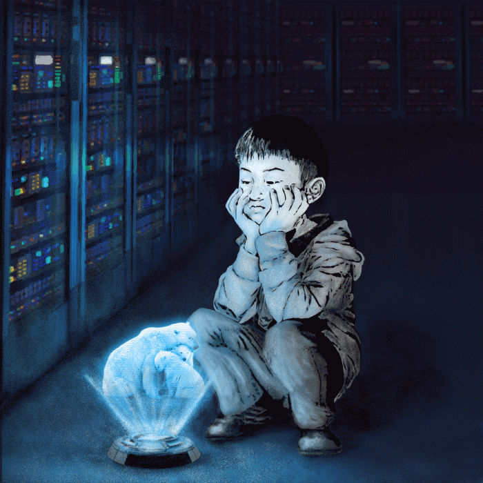 一个男孩独自呆在数据中心内，茫然地盯着全息图。