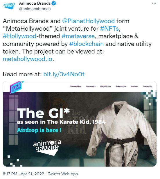 Animoca Brands 在即将推出的 The MetaHollywood 项目上发布的 Twitter 帖子截图