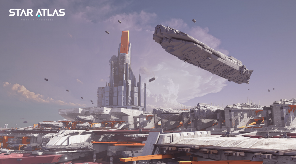 一个未来主义的太空殖民地，背景是一座大塔，坐落在灰色的天空中。 尽管有 FTX 后果，但 Atlas Games 正在将空中的一艘大船作为 NFT 出售。