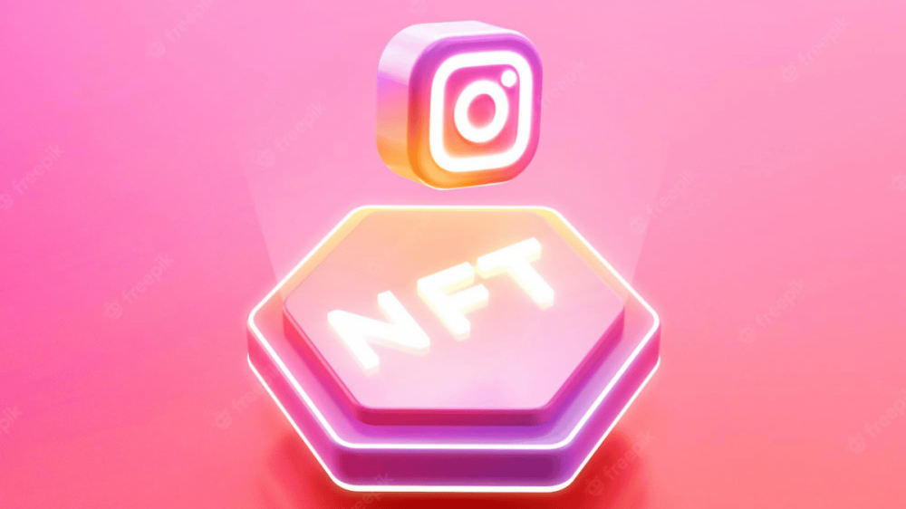 漂浮在上面的 Instagram 徽标和 NFT 基座的图片