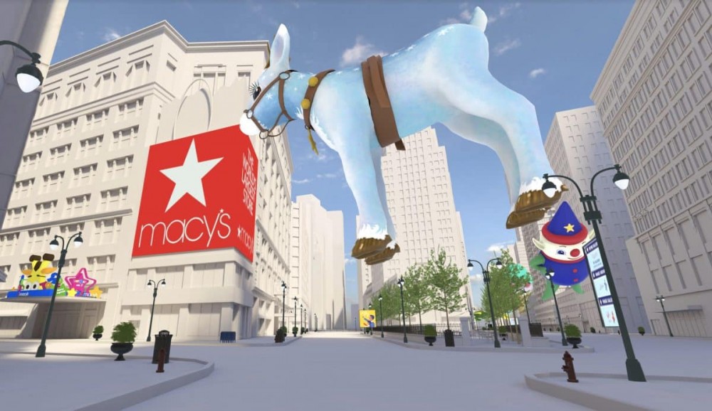 纽约市中心梅西百货的虚拟形象前有一头蓝色驯鹿的花车。 这是梅西百货感恩节 metaverse 版本。
