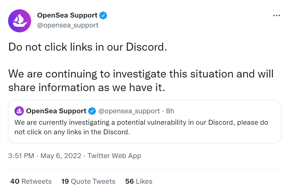 OpenSea 发布关于调查潜在 Discord 漏洞的推文