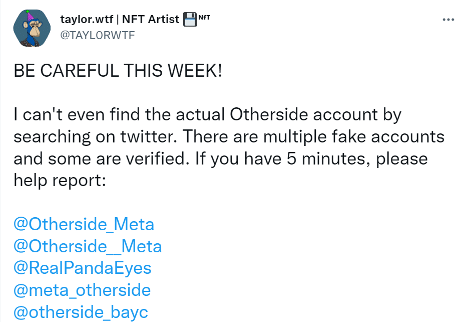 弹出了许多 Otherside 虚假 Twitter 帐户。 有些甚至得到了验证。