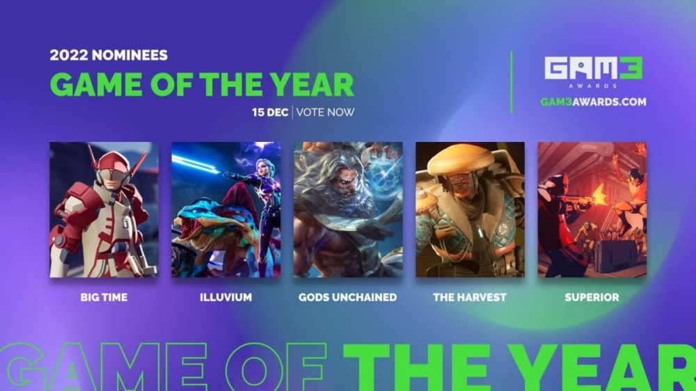 2022 年 GAM3 年度最佳游戏奖提名者的五款游戏中的角色在紫色背景下被照亮。