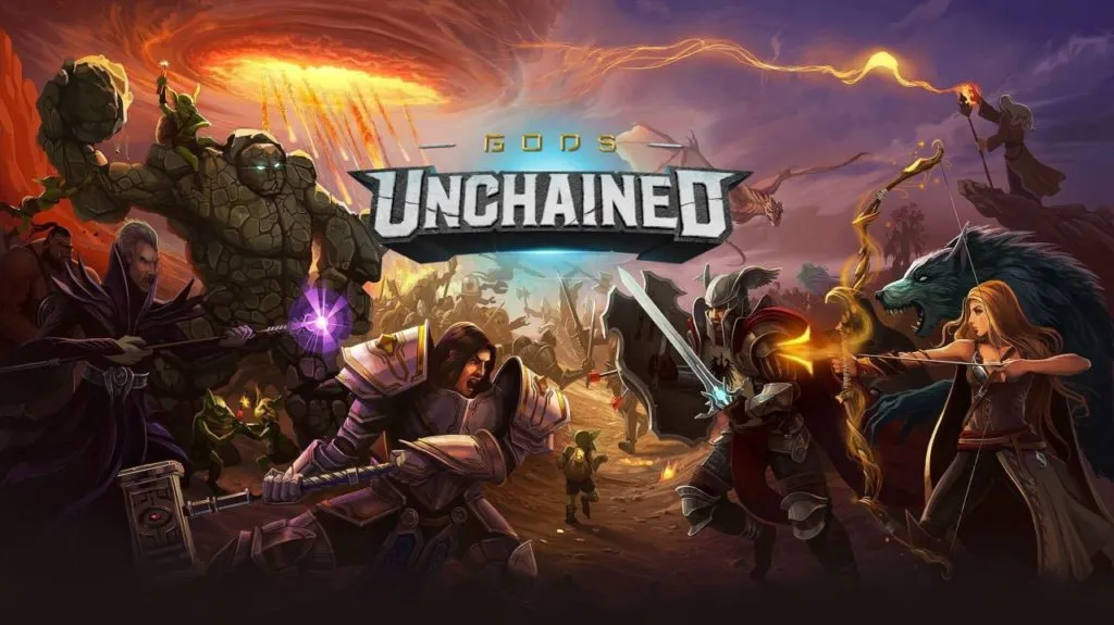 Gods Unchained 游戏的壁纸图像，在战区设置中具有各种角色。