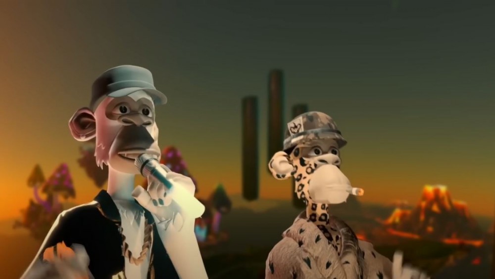 Eminem 和 Snoop Dogg 的无聊猿游艇俱乐部 NFT 化身在 VMA 期间表演的图像
