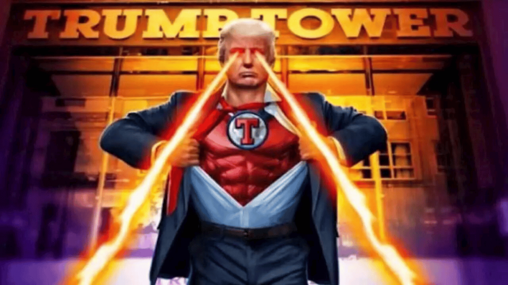 来自 Donald Trump NFT 系列的图像示例。 唐纳德特朗普正在撕掉一件黑色西装，露出下面的超级英雄服装，胸前有一个“T”标志。