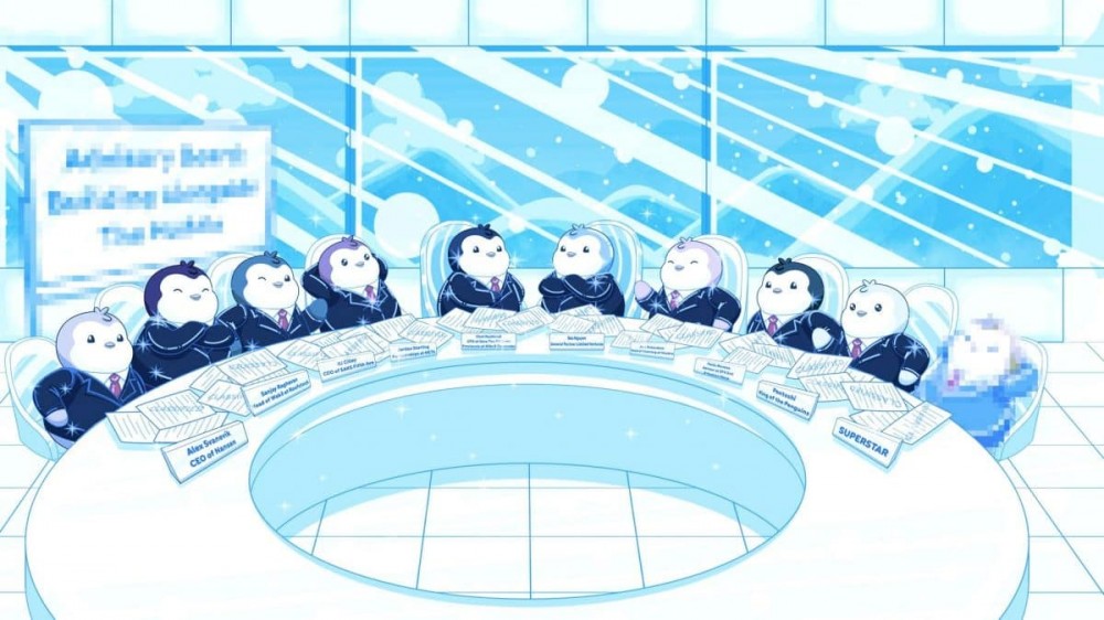 一群卡通企鹅围坐在桌子旁，支持 Pudgy Penguins Vlog，Building in Public。