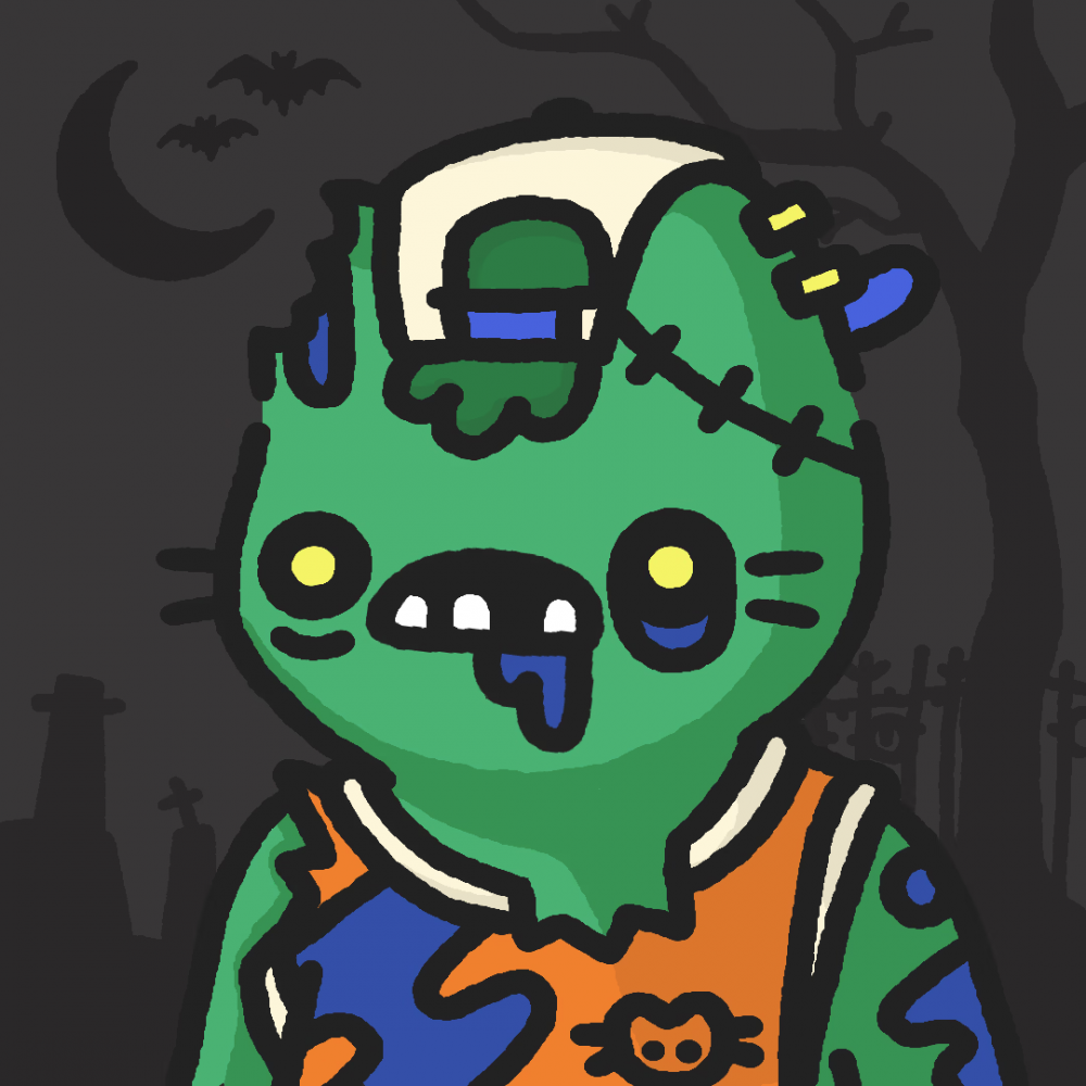 一个僵尸风格的猫卡通人物，牙齿缺失，半个头穿着橙色衬衫，上面有猫头骨和骨头标志。