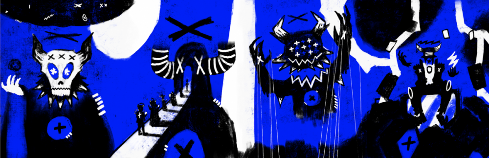 一群蓝底黑字的卡通怪物，作为曼联抄袭事件的参考。