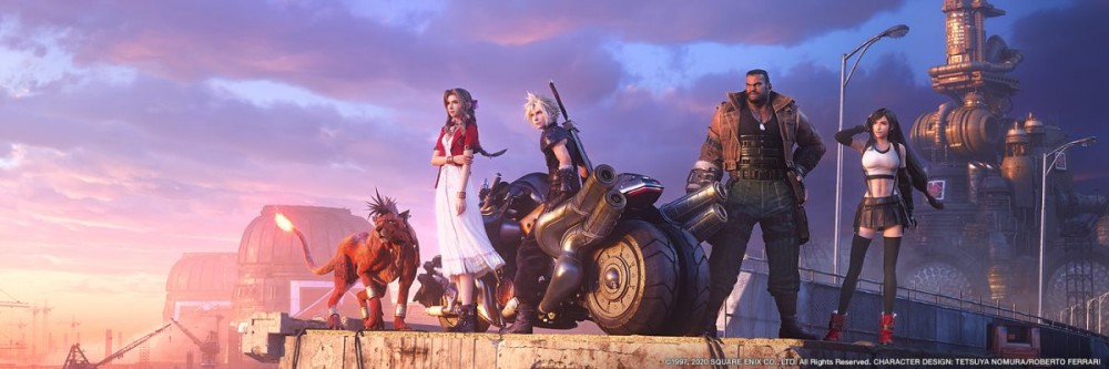 五个视频游戏角色坐在即将到来的最终幻想重制版的数字场景中观看日落。