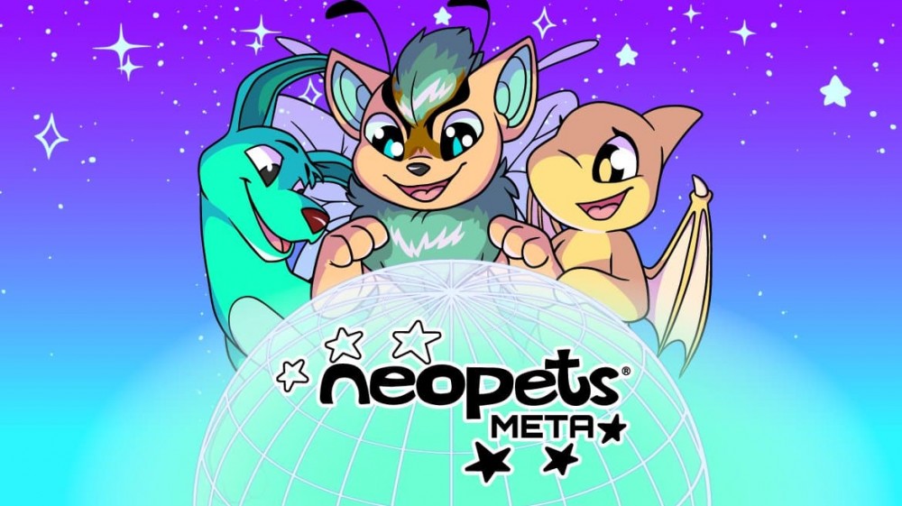 带有 3 个 Neopet 角色的 Neopets Metaverse 游戏徽标