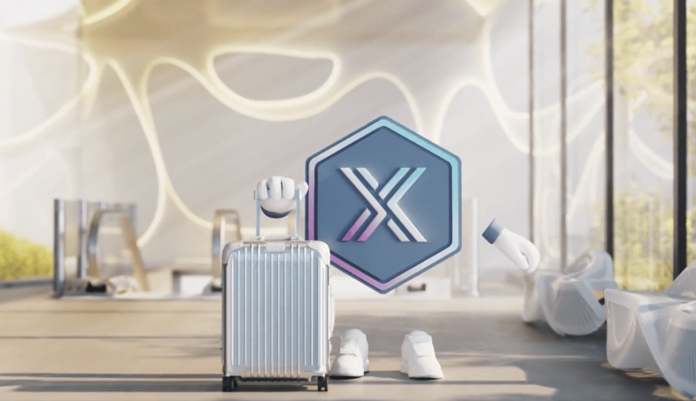 一个抽象的 ImmutableX 标志的图像，在机场有一个手提箱