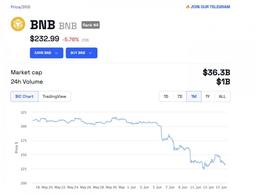BNB 代币交易价格为 232.99 美元
