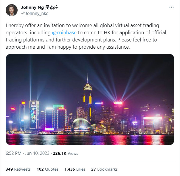 SEC 禁令后，香港政府邀请 Coinbase 设立总部