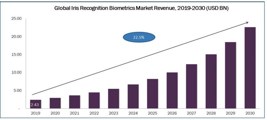 全球虹膜识别生物识别市场收入。 2019-2030。
