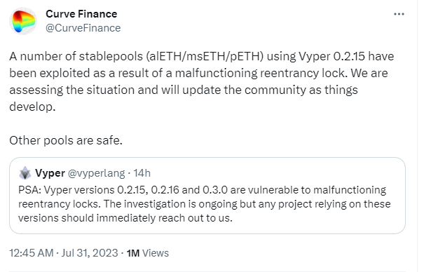 多个项目被黑，因 Vyper 重入锁漏洞造成的损失已超 5900w 美元，你的资金还安全吗？