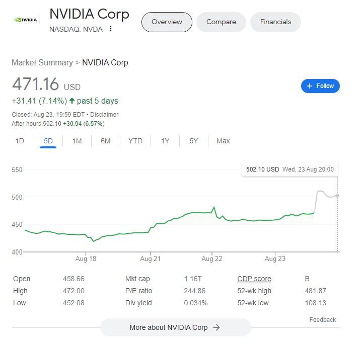Nvidia NVDA 股票价格 8 月 23 日盘后。资料来源：谷歌财经