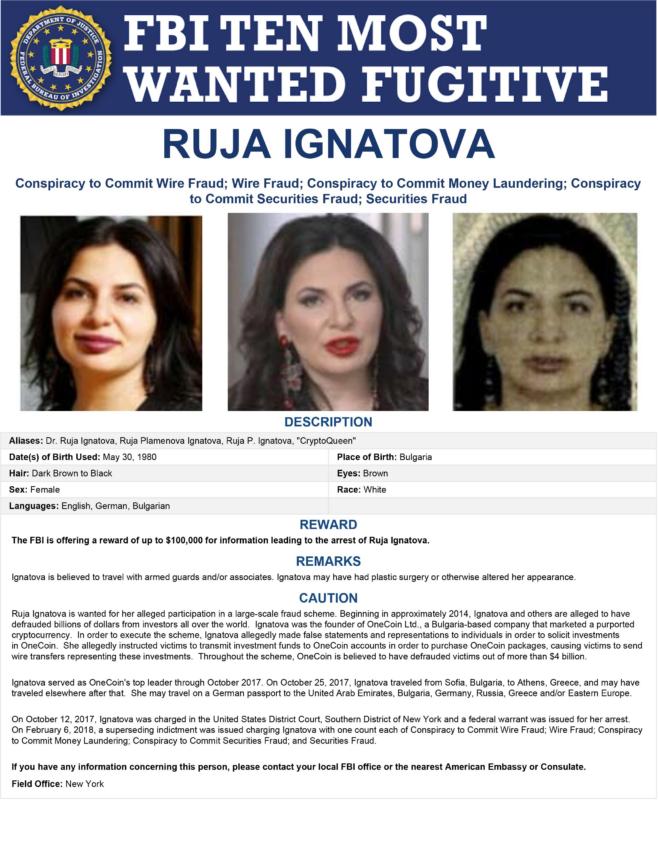 鲁贾·伊格纳托娃 (Ruja Ignatova) 名列联邦调查局十大通缉犯名单。来源：美国有线电视新闻网